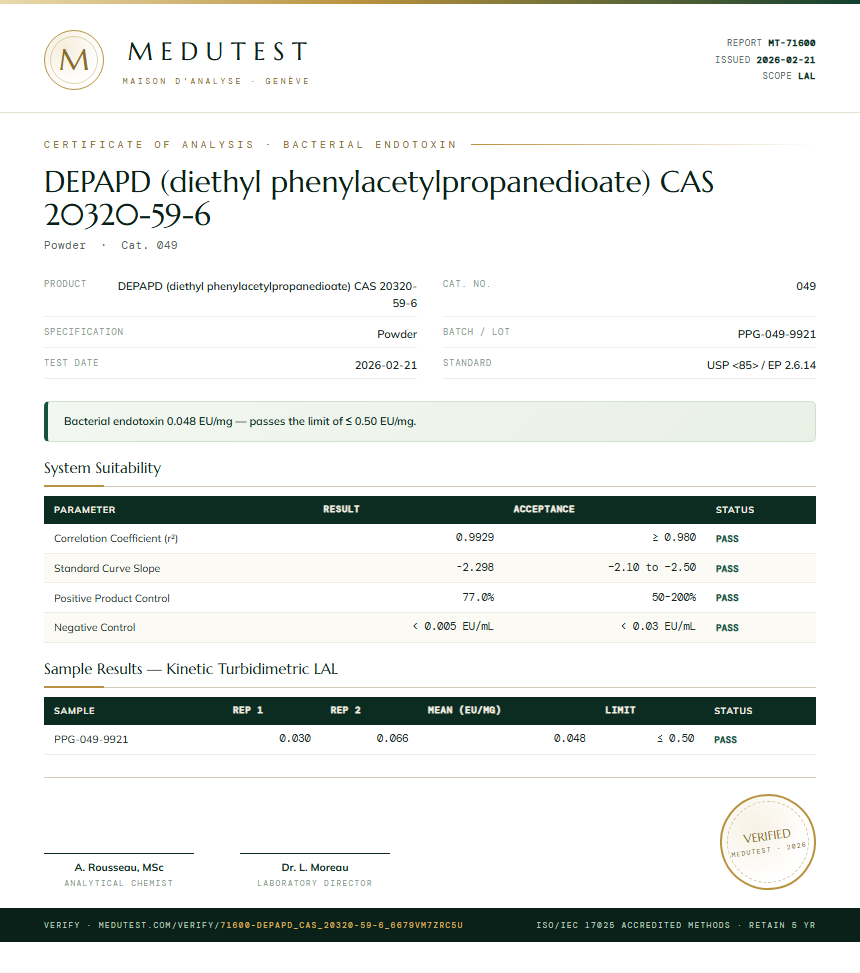 DEPAPD (diethyl phenylacetylpropanedioate) CAS 20320-59-6 Endotoxin report by Medutest
