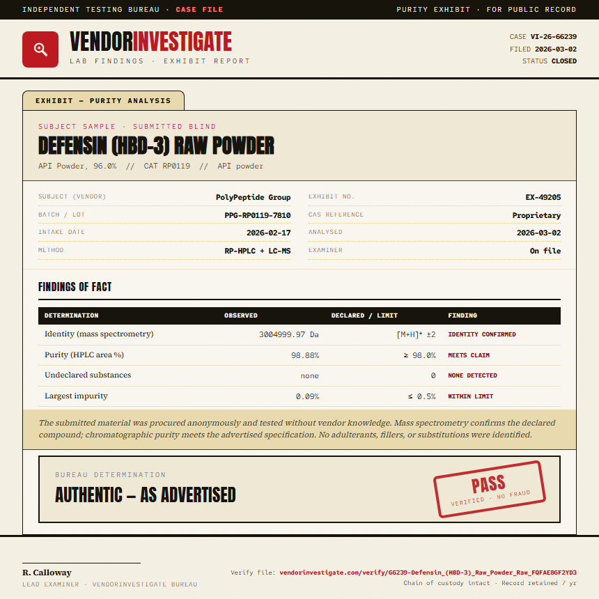 Defensin (HBD-3) Raw Powder Purity (HPLC) report by VendorInvestigate
