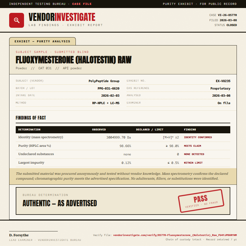 Fluoxymesterone (Halotestin) Raw Purity (HPLC) report by VendorInvestigate