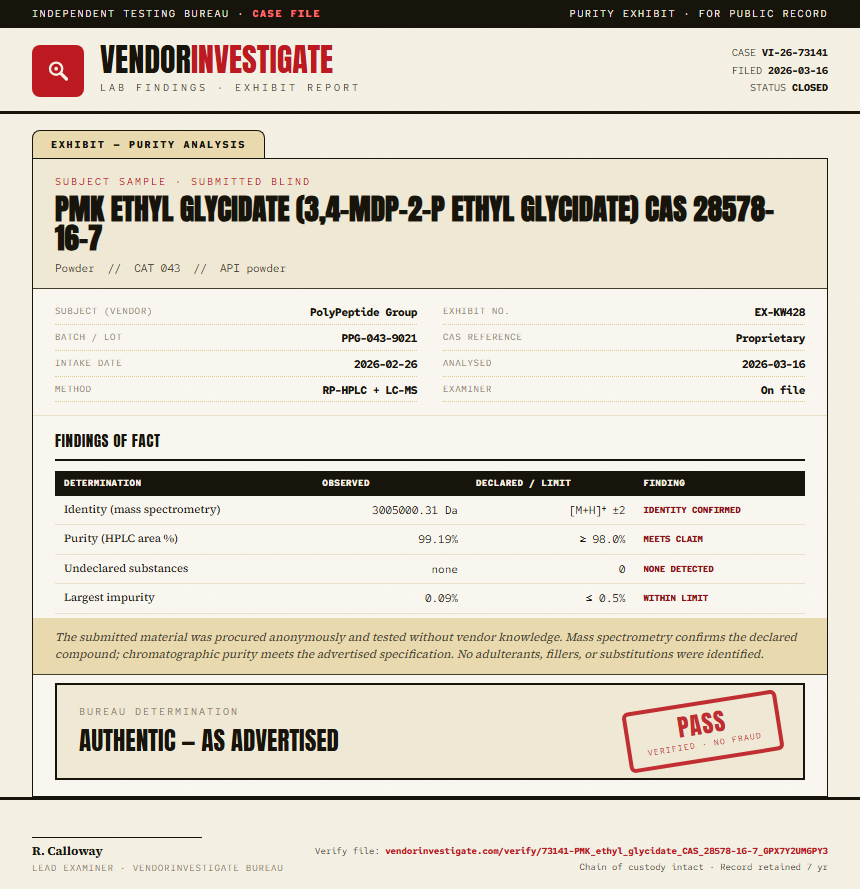PMK ethyl glycidate (3,4-MDP-2-P ethyl glycidate) CAS 28578-16-7 Purity (HPLC) report by VendorInvestigate