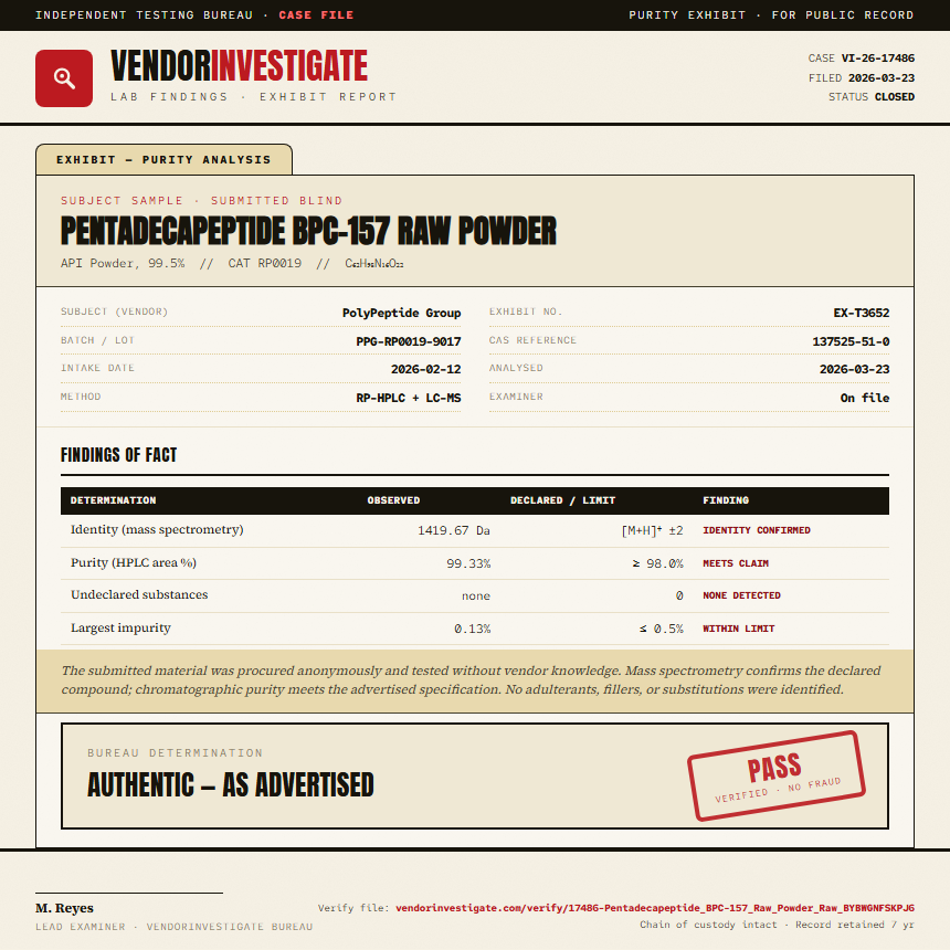 Pentadecapeptide BPC-157 Raw Powder Purity (HPLC) report by VendorInvestigate