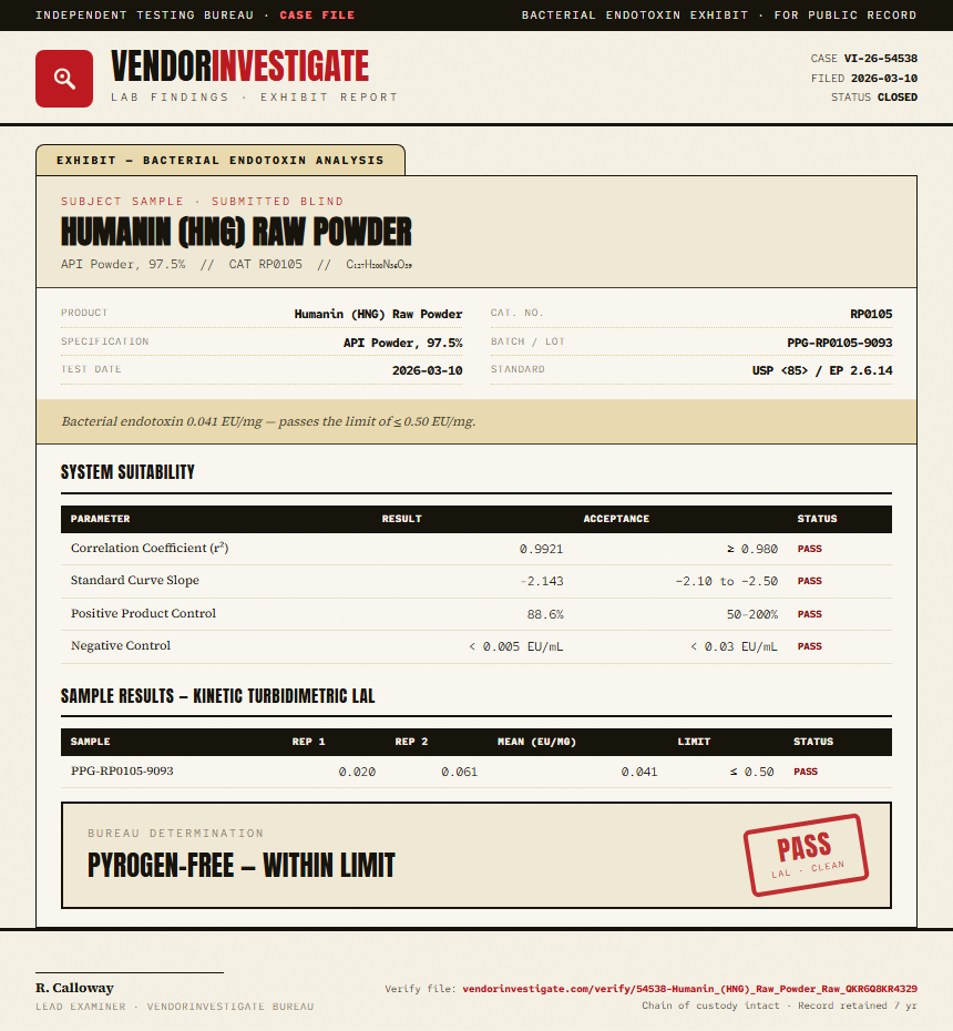 Humanin (HNG) Raw Powder Endotoxin report by VendorInvestigate