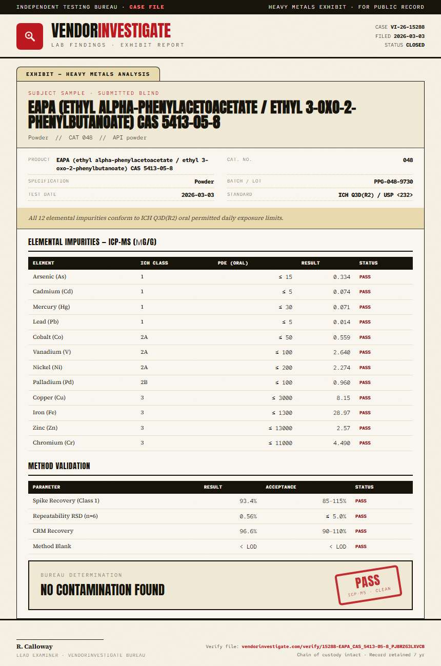 EAPA (ethyl alpha-phenylacetoacetate / ethyl 3-oxo-2-phenylbutanoate) CAS 5413-05-8 Heavy Metals report by VendorInvestigate
